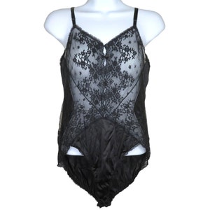 Vintage 70s Nylon Teddy Teddie Bodysuit S Black Sheer Floral Lace Lingerie