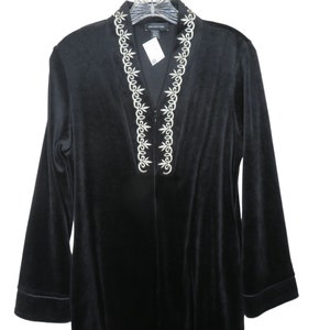 Vintage Jones New York Full Length Robe Kaftan House Coat Hostess S Black Velour Embroidered Pockets Zip New Old Stock