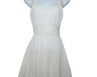 Vintage Full Length Sweeping Slip Nightgown S White Nylon All Around Lace Ribbon Bows Modest