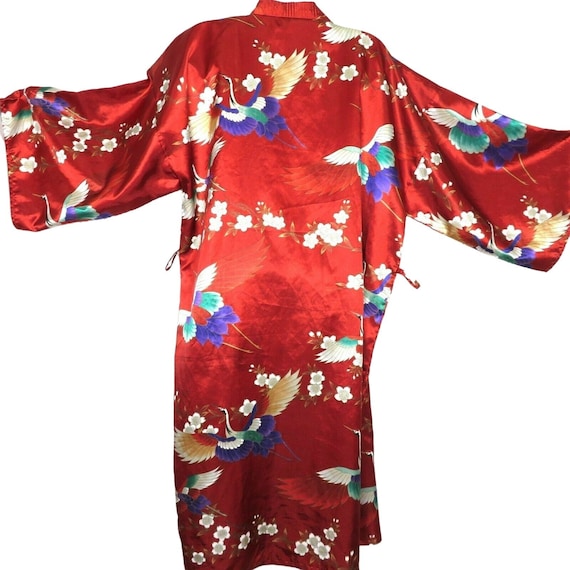 Vintage Kimono Robe One Size Burgundy Red Cranes … - image 4