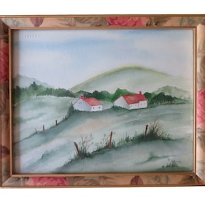 Original Vintage Art Signed Watercolor Landscape Picture Framed Under Glass 11&quot; x 9&quot;