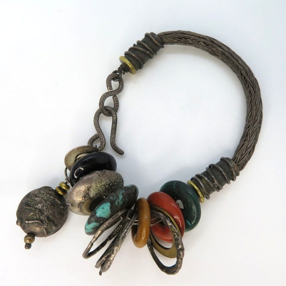 Vintage 70s Handmade Artisan Bracelet Woven Metal… - image 10