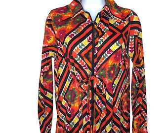 Vintage 70s Caftan Dress: Geometric Print Zip Front Hostess Gown