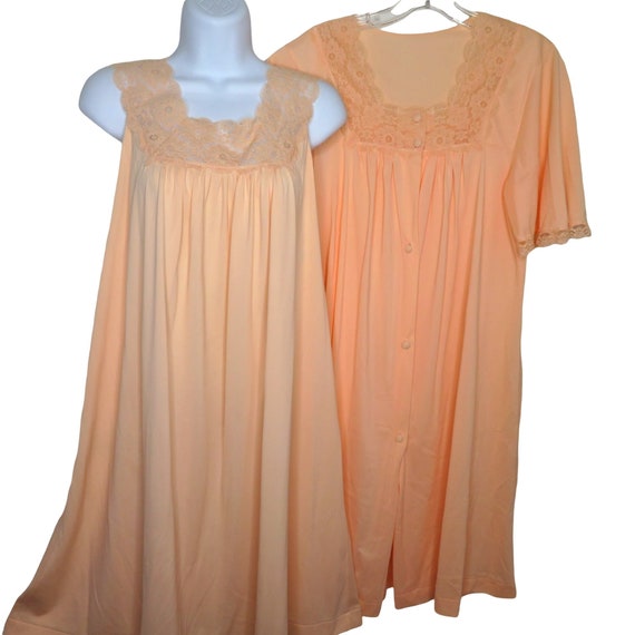 Vintage 70s Peignoir Set Nightgown Robe S Coral O… - image 2
