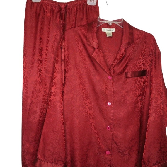 Vintage 90s Y2K Red Satin Brocade Pajama Set L Lo… - image 3