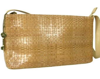 Vintage FOSSIL Tan Woven Leather Shoulder Bag Key Charm Zipper