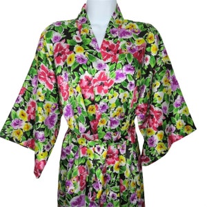 Vintage 80s Multicolor Full Length Satin Kimono Dressing Robe S Belt Pockets