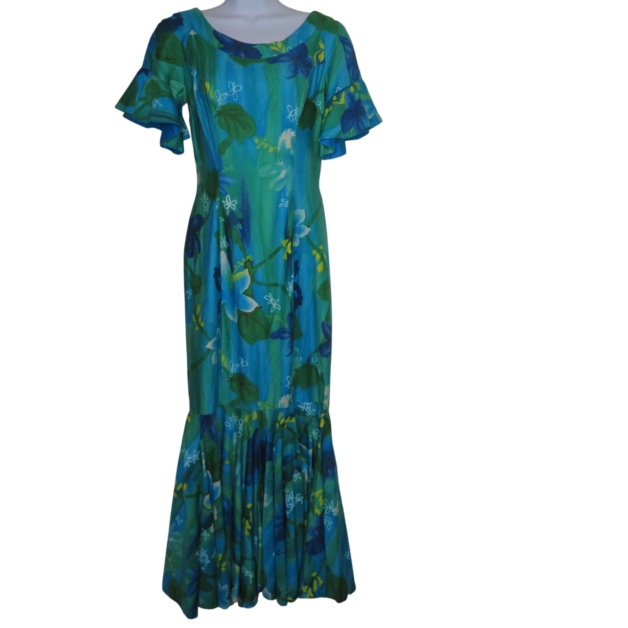 hawaiian maxi dress with sleeves NEW KY's Hawaii Vintage Blue Ruffle Sleeve Hawaiian Maxi Dress, XS, M, XL