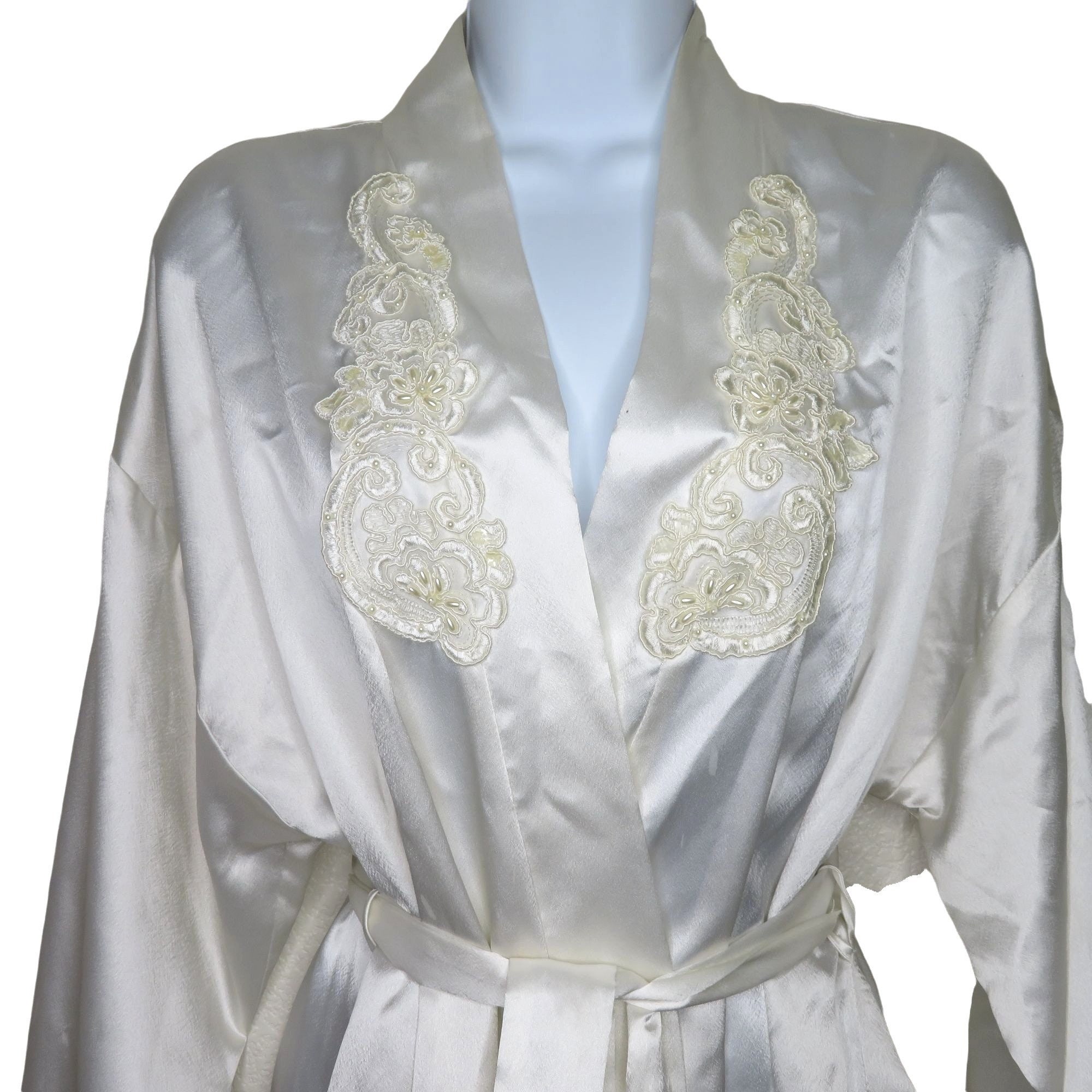 Vintage White Satin Robe L - Beaded Lace Embroidery, USA Made - Etsy