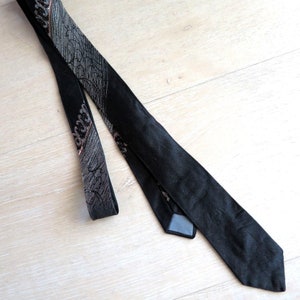 Vintage Black Silver Metallic Silk Necktie Handmade Skinny Streetwear Wedding Business