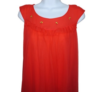 Vintage 60s Chiffon Overlay Nightgown S Red Nylon Ruffle Roses Sleeveless Knee Length Modest USA Made