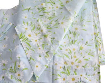 Sábana plana individual Morgan Jones Percale Daisies, nueva, estilo vintage, 54x76 pulgadas, azul y blanca.