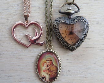 Lot of 3 Vintage Style Necklaces: Rose Gold Heart Saint Anthony Pendant Heart-Shaped Quartz Watch