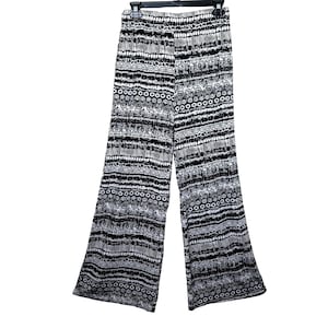 Vintage 90s Y2K Pull On Knit Pants S High Waist Wide Leg Stretch Black White Boho