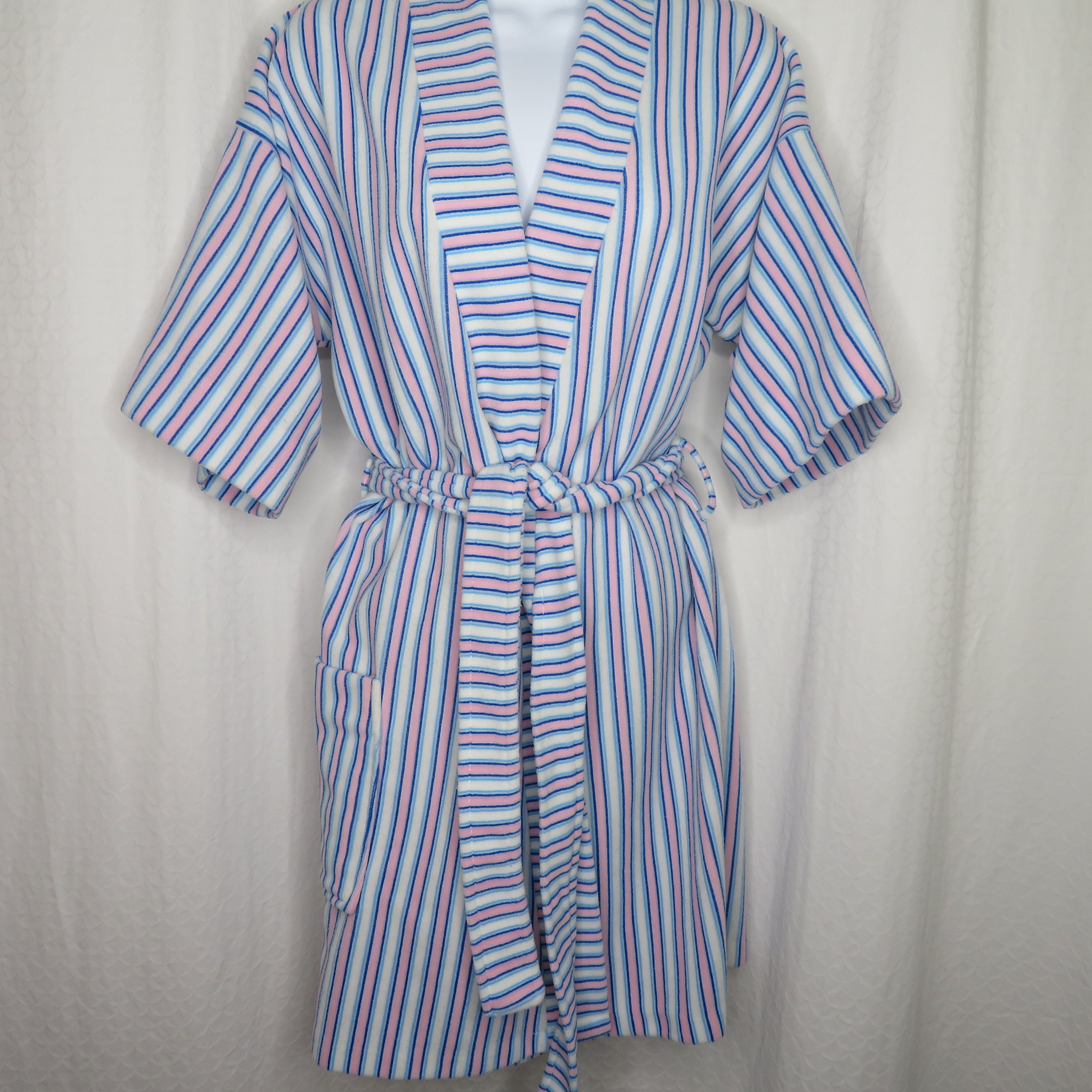 Vintage Striped Terry Cotton Robe S Pink Blue Short Sleeve Etsy