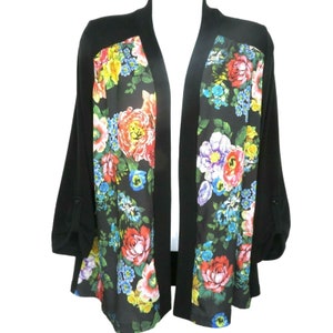 Vintage Pleione Open Front Color Block Floral Cardigan Sweater M Black Tab Sleeve Made in USA