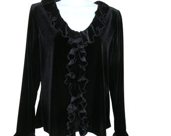 Vintage J.B.S. Ltd. Black Velvet Ruffle Front Long Sleeve Blouse Top Size L