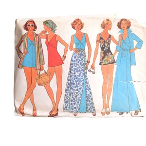 Vintage 70s Simplicity 7497 Size 16 Mod Glam Bathing Suit Wrap Skirt Shirt Jacket CUT