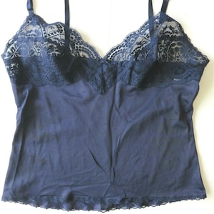 Vintage 80s VASSARETTE Camisole Slip S Navy Blue Nylon Lace Pin Up Lingerie USA