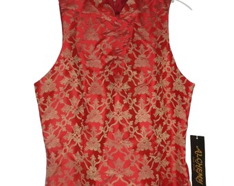 Vintage 70s Red Gold Asian Cheongsam Wiggle Dress Small New Old Stock USA