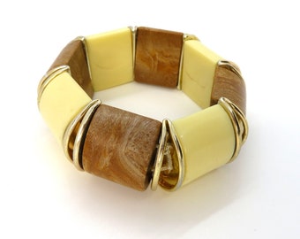 Vintage Art Deco Stretch Bracelet Brown Cream Gold Tone Half Tube Bead Lucite Plastic Mid Century Modern