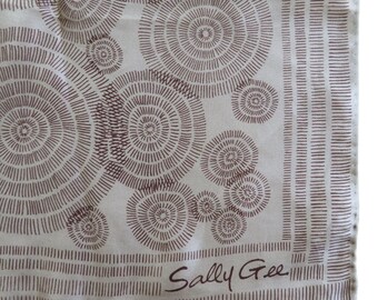 Vintage Sally Gee Silk Scarf Hand Rolled Brown Circles Made in Japan Square 23" x 23"