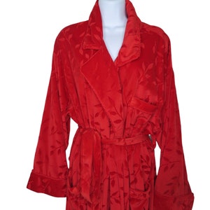 Vintage Full Length Velour Dressing Gown Robe L Red Leaf Belted Pockets Breaded Pipping