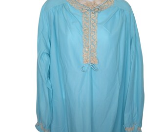 Vintage 1964 Blue Nightgown S: Lace Trim, Long Sleeve, USA Made