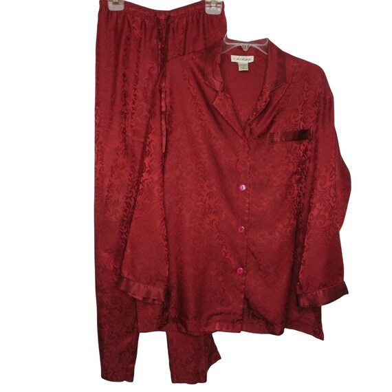 Vintage 90s Y2K Red Satin Brocade Pajama Set L Lo… - image 4