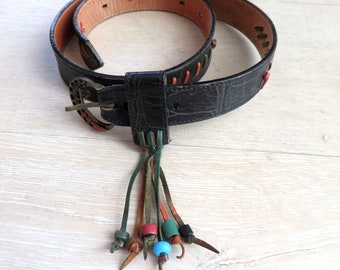 Vintage 80s Carlos Falchi Leather Belt Black Embossed Womens