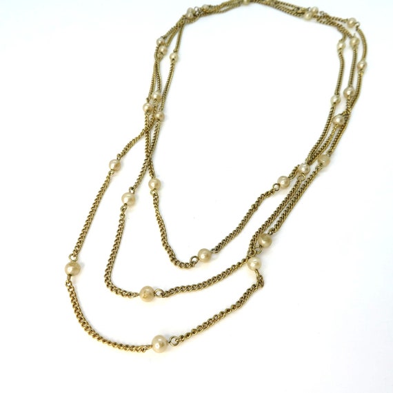 Vintage 90s Long Gold Tone Chain Necklace Spaced Pearl Beads One 