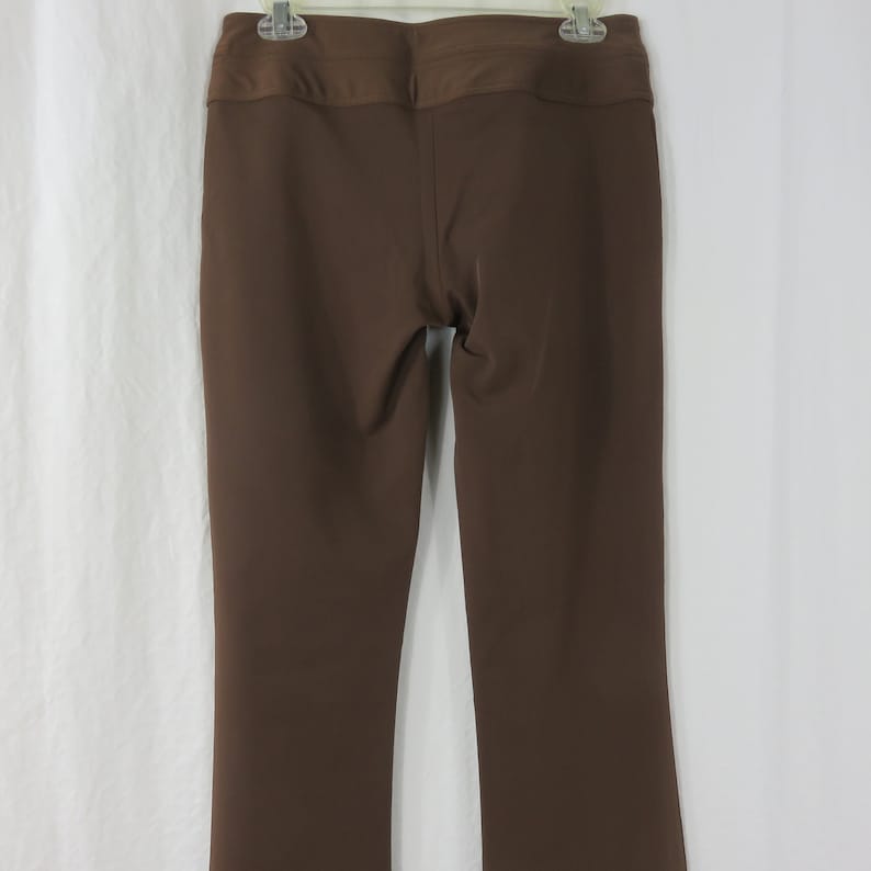 Cach\u00e9 Brown Dress Pants Womens Size 4 Vintage 90s Wide Double Snap Waistband Bootcut Flat Front Made in USA Satin Shine Polyester Blend
