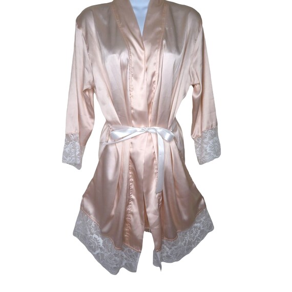 Vintage Sandy Waters Kimono Robe S Pink Wide White Lace Trim New Old Stock View 4