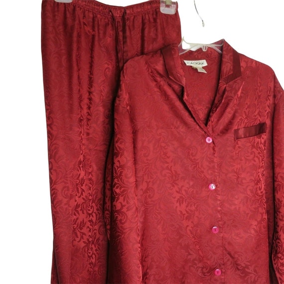 Vintage 90s Y2K Red Satin Brocade Pajama Set L Lo… - image 9