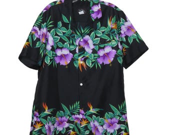 Vintage Hawaiian Shirt: Black Floral Print, Men's Large, Made in Hawaii