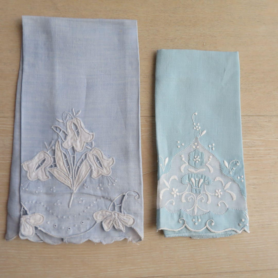 Vintage Blue Battenburg Embroidery Lace Linen Hand Guest Towels Pair of ...