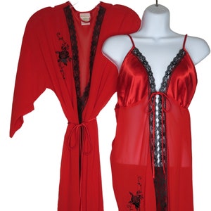 Vintage 90s Y2K Secret Treasures Sheer Red Chiffon Slip Gown & Robe Set Size M/L Black Lace Trim Knee Length New