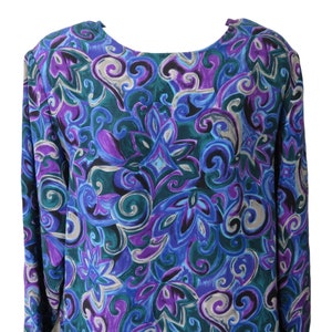 Vintage 70s TESS 100% Silk Blouse M Blue Purple Abstract Shoulder Pads Long Sleeve Pullover
