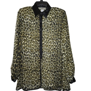 Vintage 70s Animal Print Sheer Blouse: Gold Thread Accents, USA Made