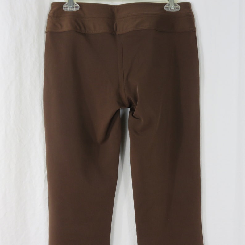 Cach\u00e9 Brown Dress Pants Womens Size 4 Vintage 90s Wide Double Snap Waistband Bootcut Flat Front Made in USA Satin Shine Polyester Blend