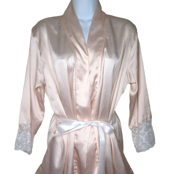 Vintage Sandy Waters Kimono Robe S Pink Wide White Lace Trim New Old Stock View 2