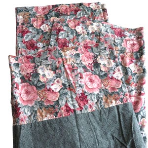 Vintage Floral Curtain Panels (2) Blouson Valance Set Green Pink Roses Cottage Country Made in USA