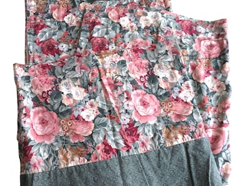 Vintage Floral Curtain Panel Set: Pink Roses, Green Cotton (Made in USA)