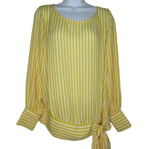 Vintage New York & Company Yellow Striped Top Blouse S Gathered Tie Bow Hem Long Sleeve