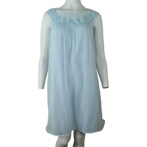 Vintage 60s Vanity Fair Sheer Chiffon Overlay Nightgown S Blue Lace Nylon Kne length Sleeveless Made in USA