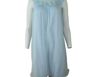 Vintage 60s Vanity Fair Sheer Chiffon Overlay Nightgown S Blue Lace Nylon Kne length Sleeveless Made in USA