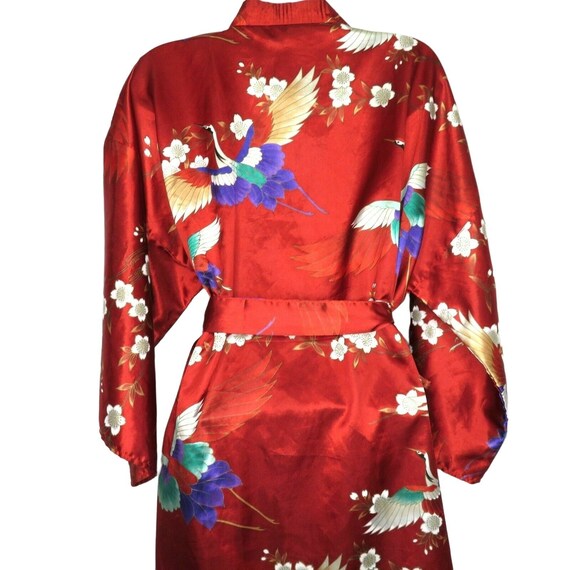 Vintage Kimono Robe One Size Burgundy Red Cranes … - image 3