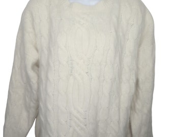 Vintage Lambswool Angora Pullover Sweater Oversized M White Cable Shoulder Pads