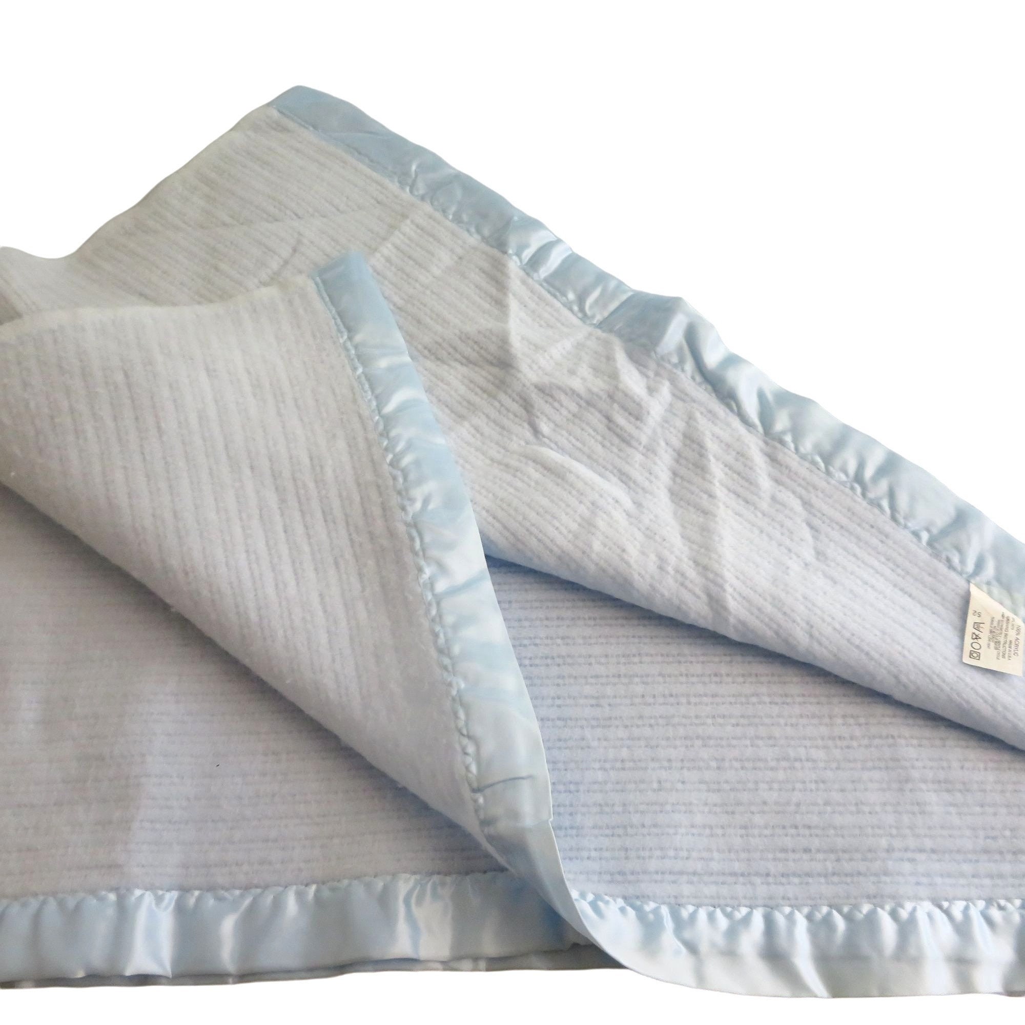 Vintage Acrylic Waffle Weave Baby Blue Blanket Satin Trim Full Etsy