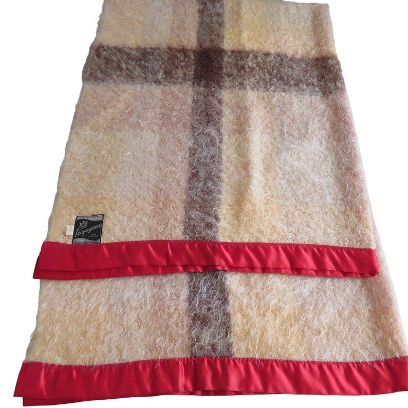 Vintage Hudson Bay Tartan Plaid Mohair Wool Throw Blanket Red Satin Trim 46